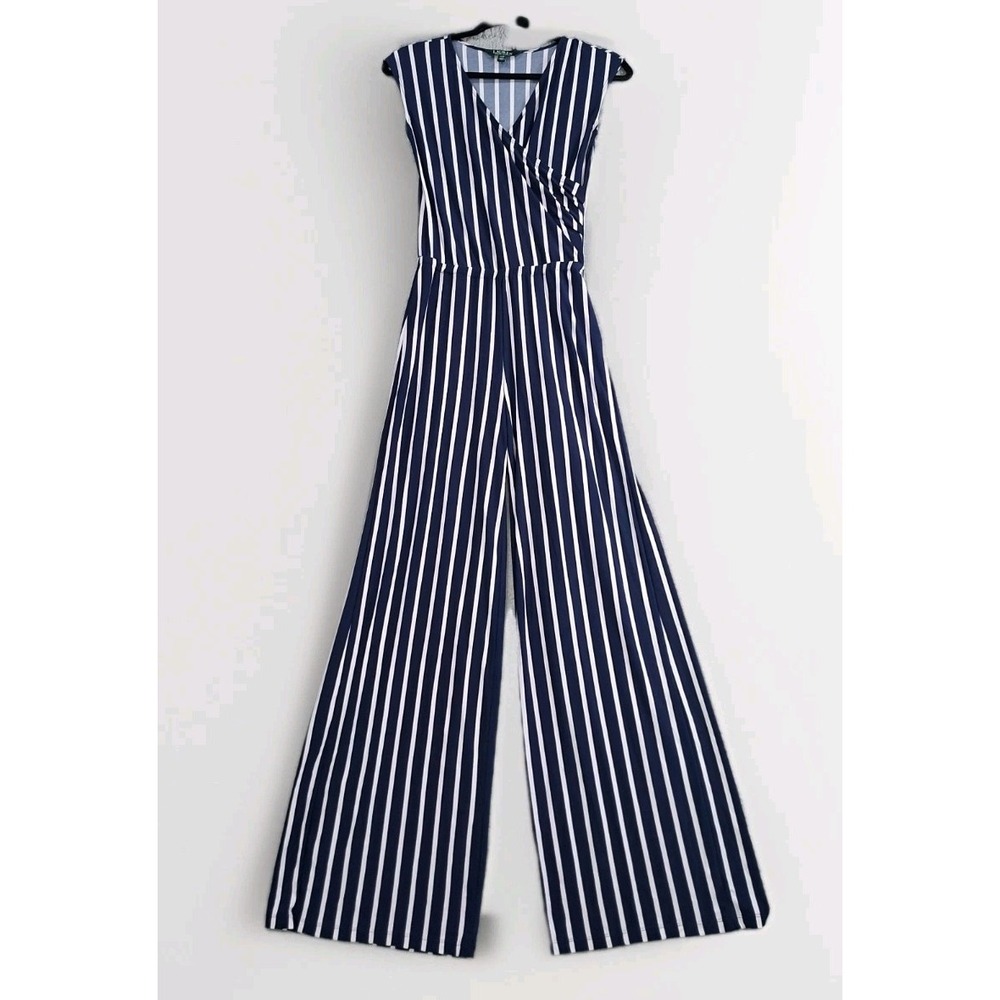 Lauren Ralph Lauren Navy Stripe Wide-Leg Jumpsuit XXS Liquid Knit Belted V-Neck